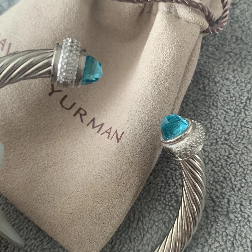 David Yurman Silver Cable Bracelet with Blue Topaz Terminals - Picture 2 of 10